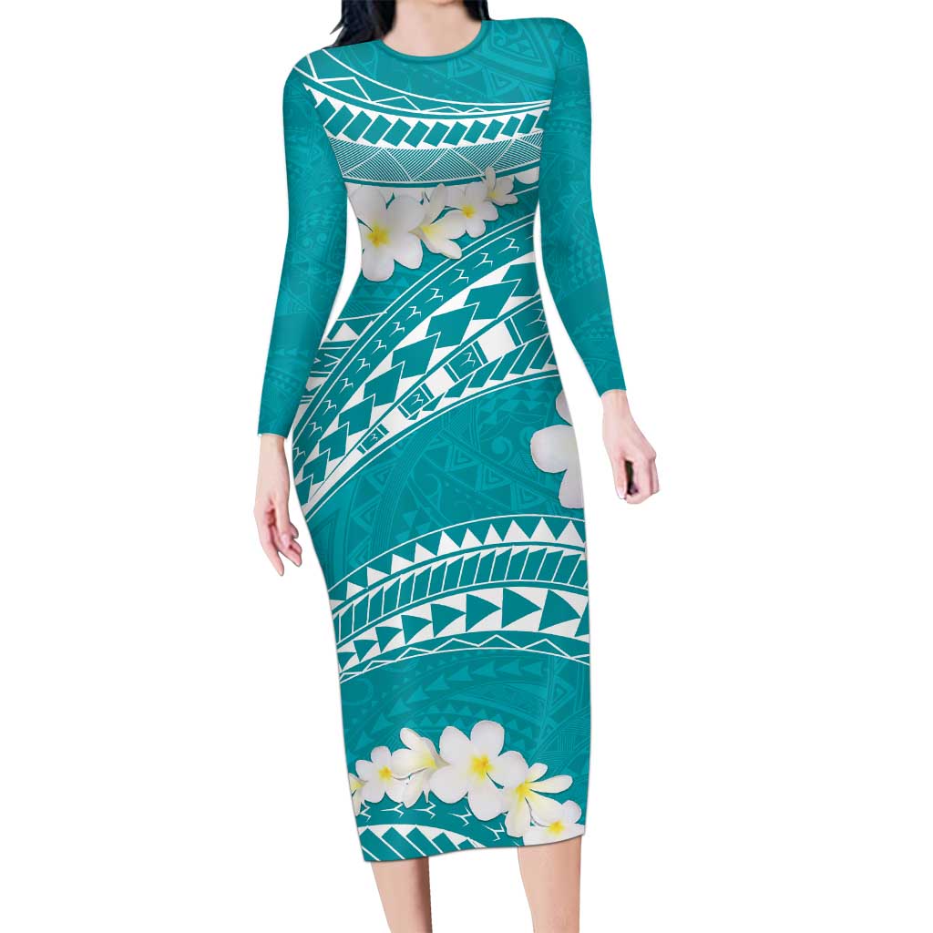 Polynesian Vintage Floral Long Sleeve Bodycon Dress Teal Motifs - Polynesian Pride