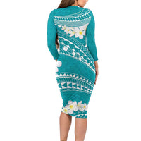 Polynesian Vintage Floral Long Sleeve Bodycon Dress Teal Motifs - Polynesian Pride