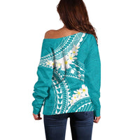 Polynesian Vintage Floral Off Shoulder Sweater Teal Motifs - Polynesian Pride