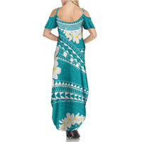 Polynesian Vintage Floral Summer Maxi Dress Teal Motifs - Polynesian Pride