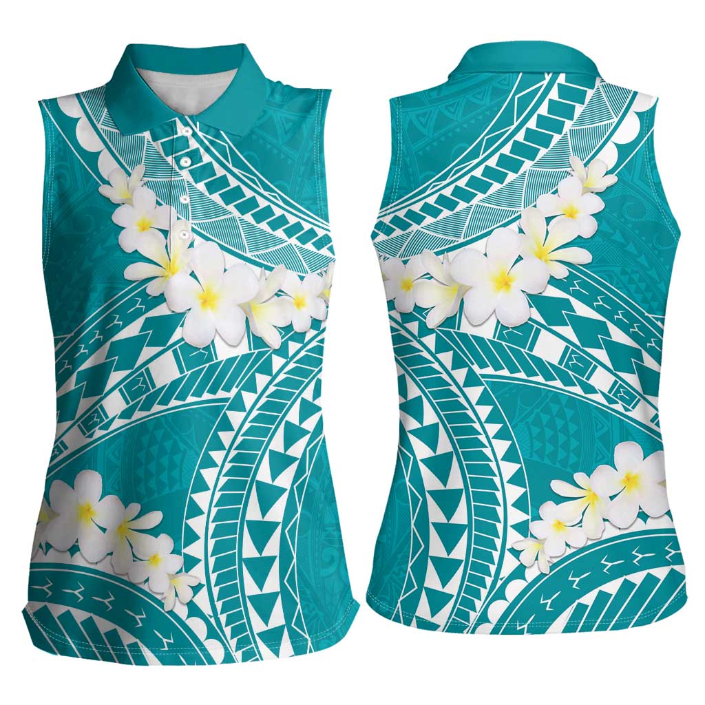 Polynesian Vintage Floral Women Sleeveless Polo Shirt Teal Motifs LT7 - Polynesian Pride