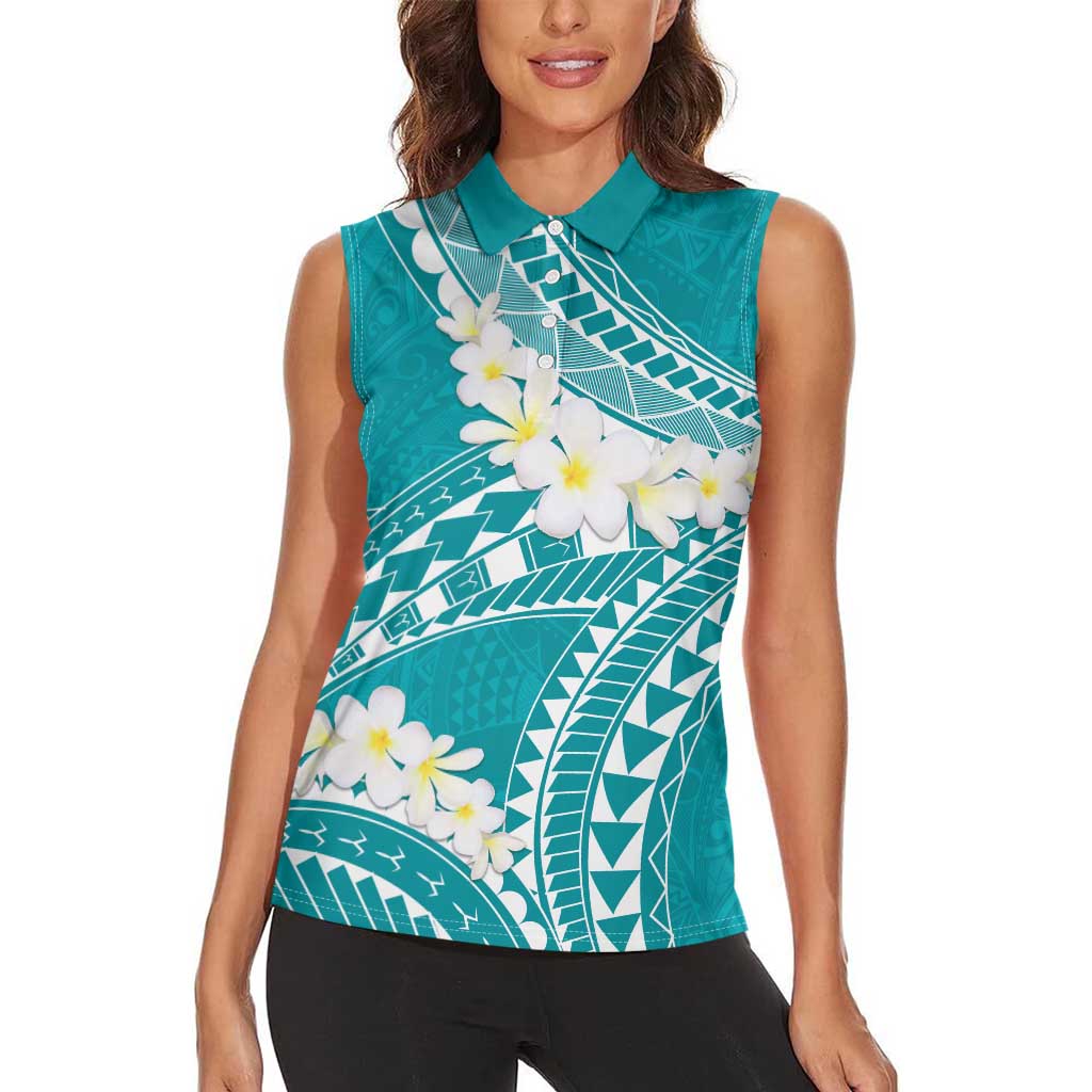 Polynesian Vintage Floral Women Sleeveless Polo Shirt Teal Motifs LT7 - Polynesian Pride