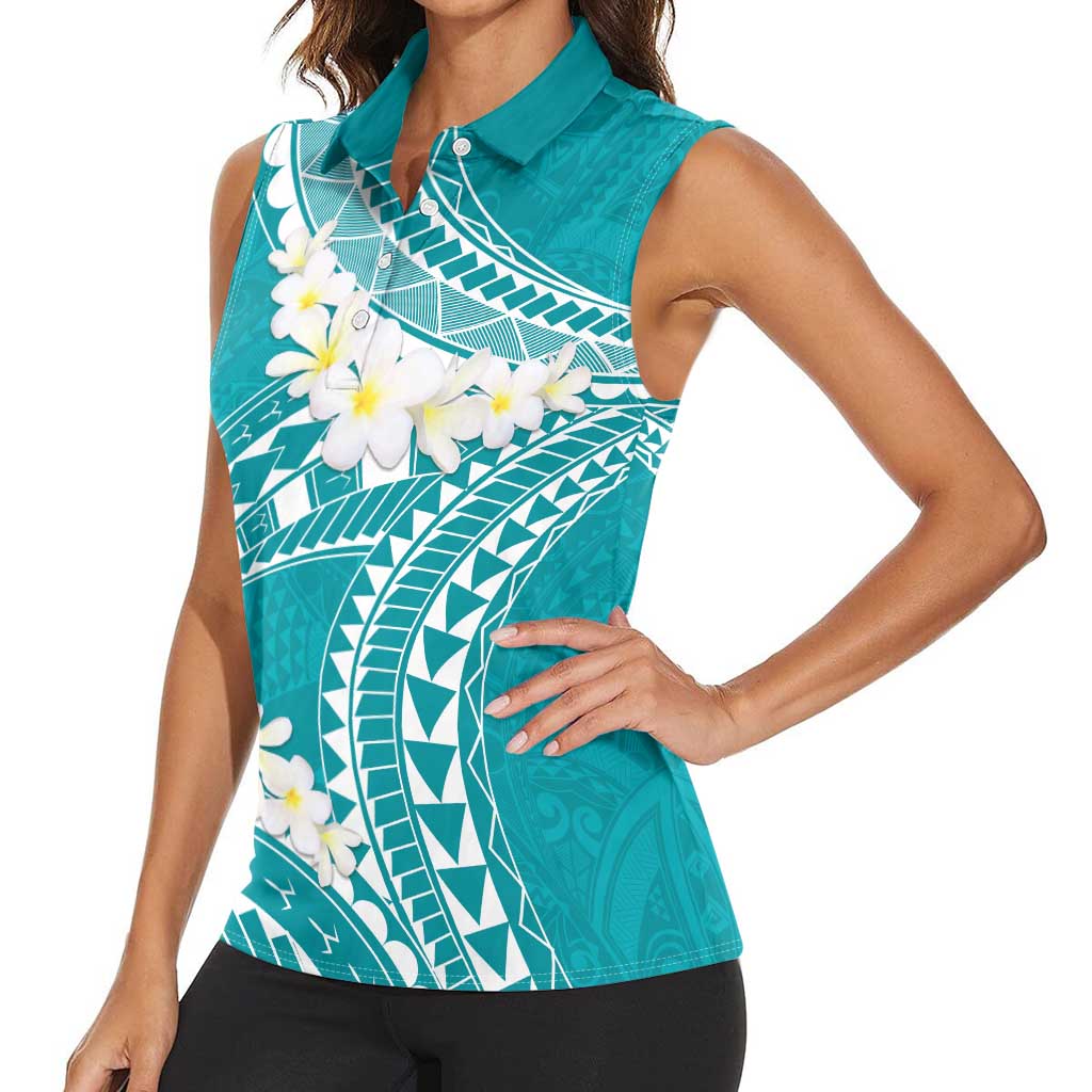 Polynesian Vintage Floral Women Sleeveless Polo Shirt Teal Motifs LT7 - Polynesian Pride