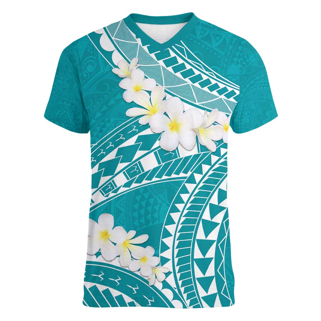 Polynesian Vintage Floral Women V-Neck T-Shirt Teal Motifs LT7 Female Teal - Polynesian Pride