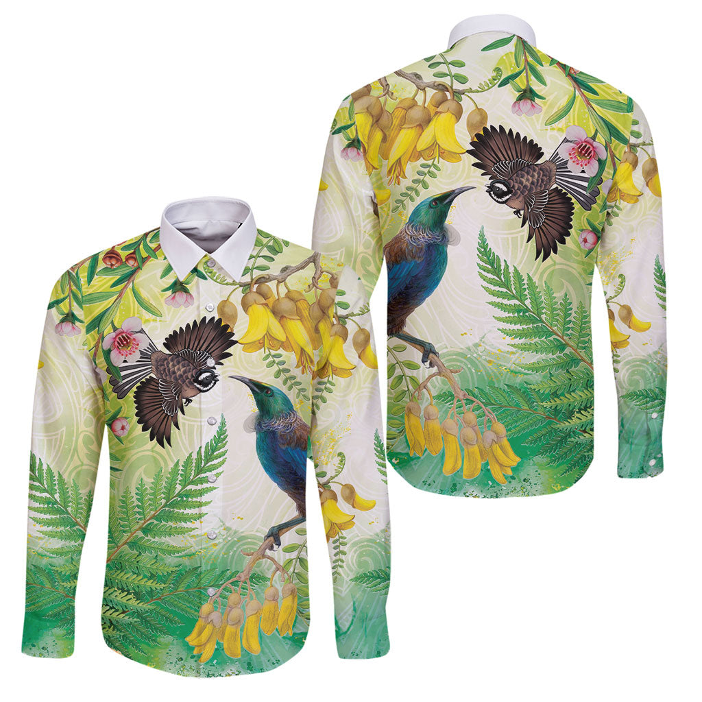 New Zealand Maori Mahuru Family Matching Long Sleeve Bodycon Dress and Hawaiian Shirt Tui With Pikawakawa Spring Colors LT7 Dad's Shirt - Long Sleeve Multicolor - Polynesian Pride