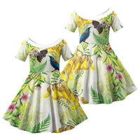 New Zealand Maori Mahuru Family Matching Off Shoulder Maxi Dress and Hawaiian Shirt Tui With Pikawakawa Spring Colors LT7 Daughter's Dress Multicolor - Polynesian Pride