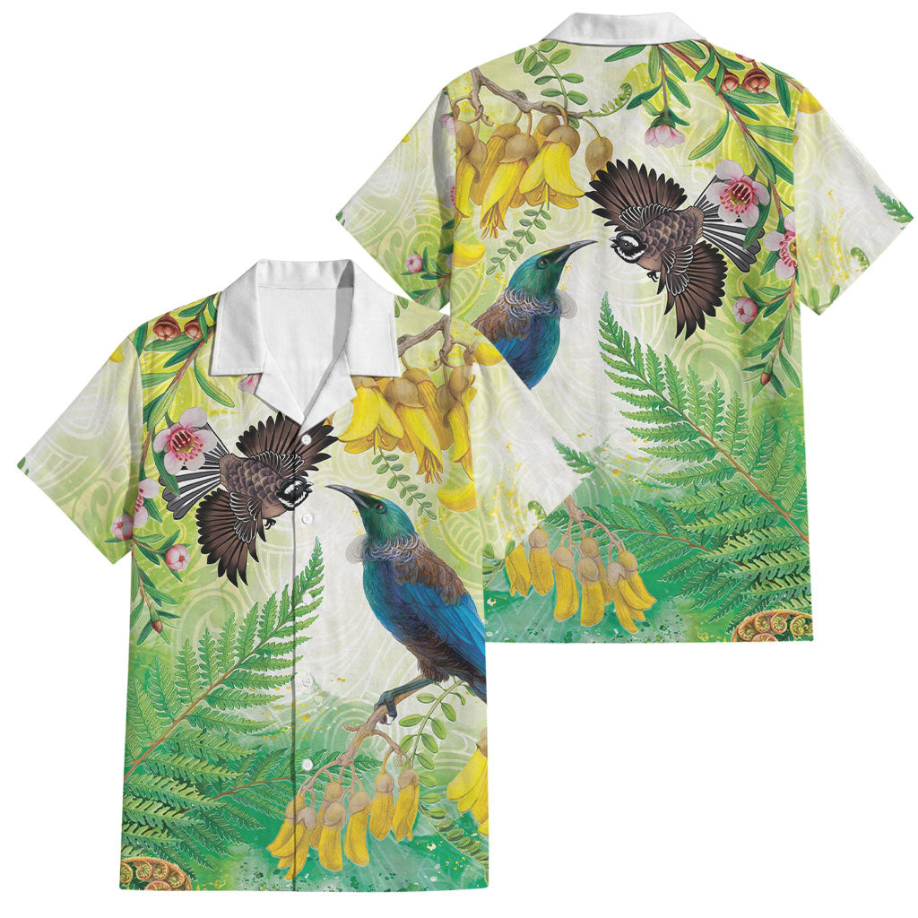 New Zealand Maori Mahuru Family Matching Short Sleeve Bodycon Dress and Hawaiian Shirt Tui With Pikawakawa Spring Colors LT7 Dad's Shirt - Short Sleeve Multicolor - Polynesian Pride