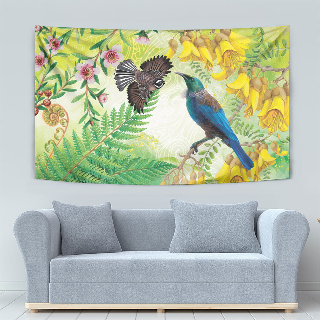New Zealand Maori Mahuru Tapestry Tui With Pikawakawa Spring Colors LT7 - Polynesian Pride