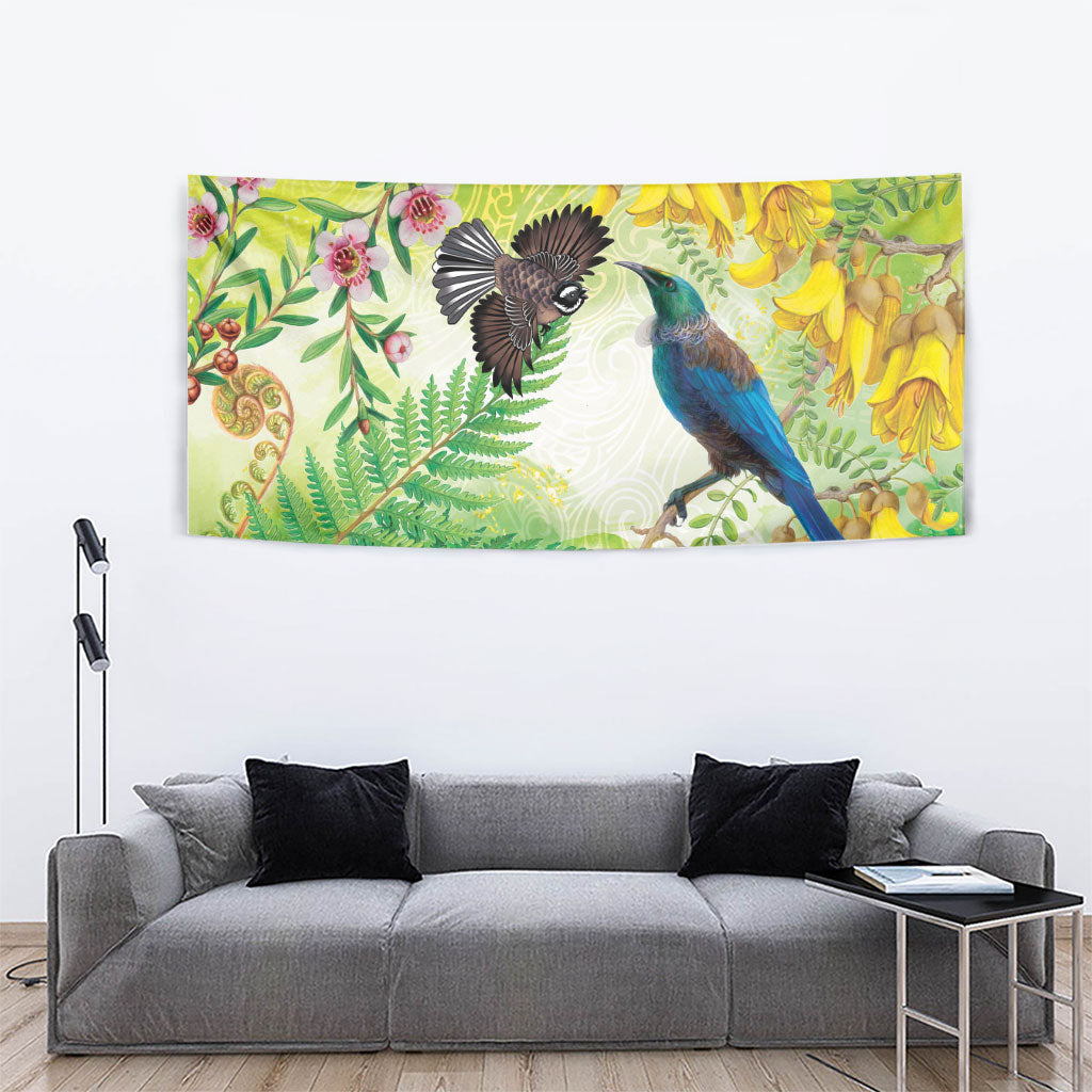 New Zealand Maori Mahuru Tapestry Tui With Pikawakawa Spring Colors LT7 - Polynesian Pride