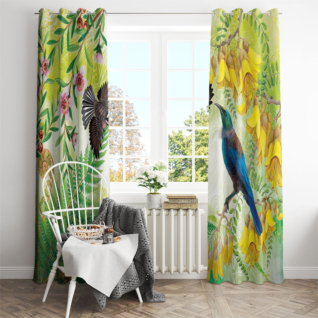 New Zealand Maori Mahuru Window Curtain Tui With Pikawakawa Spring Colors LT7 - Polynesian Pride