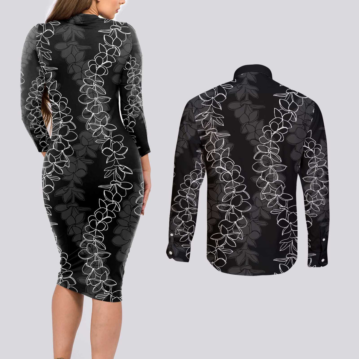 Hawaii Plumeria Lei Couples Matching Long Sleeve Bodycon Dress and Long Sleeve Button Shirt Aloha Festive Vibe