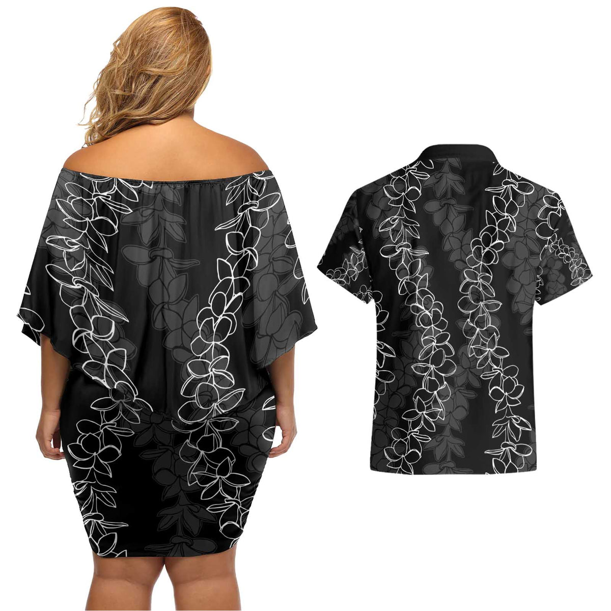 Hawaii Plumeria Lei Couples Matching Off Shoulder Short Dress and Hawaiian Shirt Aloha Festive Vibe