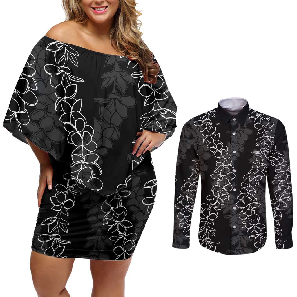 Hawaii Plumeria Lei Couples Matching Off Shoulder Short Dress and Long Sleeve Button Shirt Aloha Festive Vibe