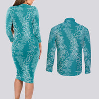 Hawaii Plumeria Lei Couples Matching Long Sleeve Bodycon Dress and Long Sleeve Button Shirt Aloha Festive Vibe - Teal