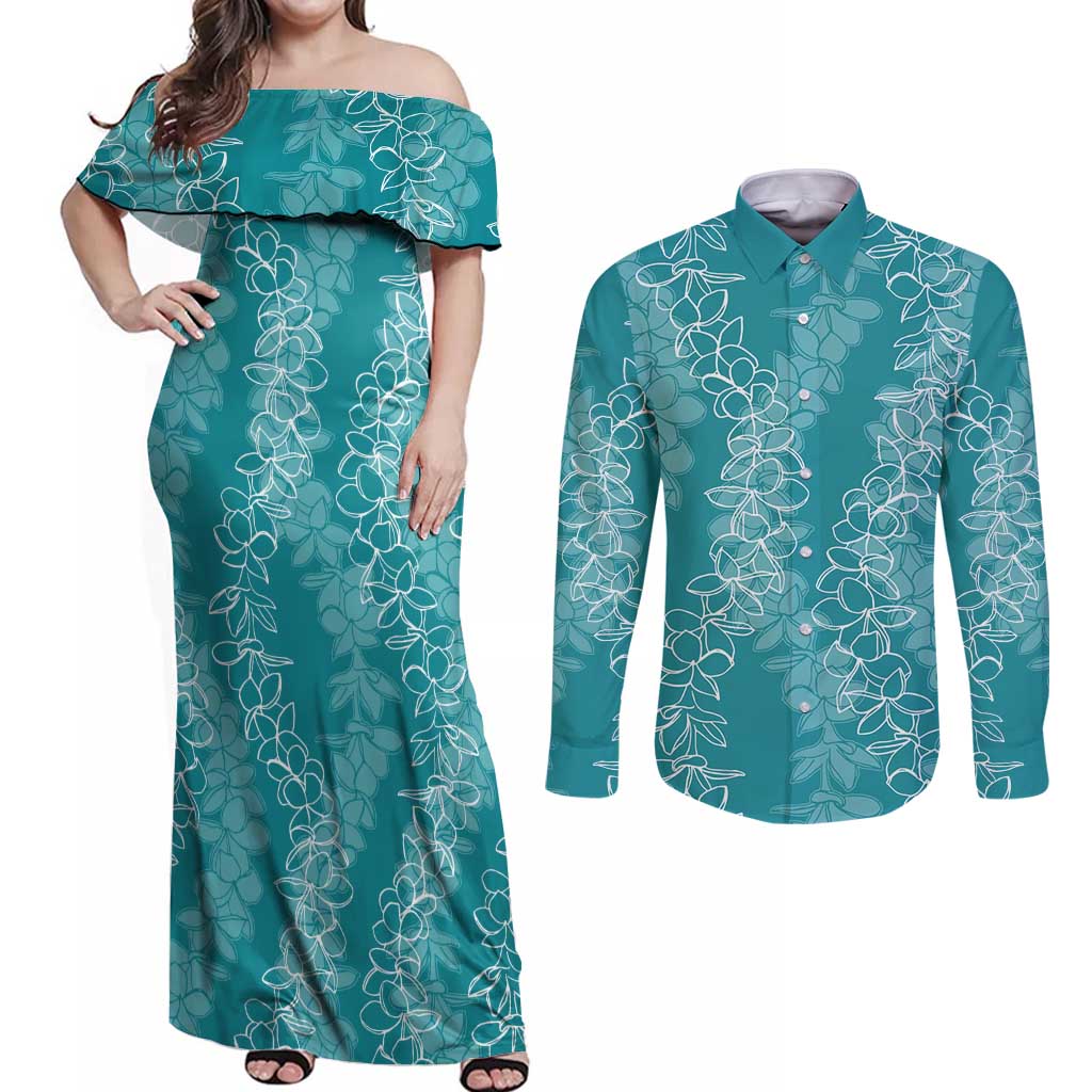 Hawaii Plumeria Lei Couples Matching Off Shoulder Maxi Dress and Long Sleeve Button Shirt Aloha Festive Vibe - Teal