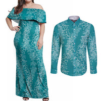 Hawaii Plumeria Lei Couples Matching Off Shoulder Maxi Dress and Long Sleeve Button Shirt Aloha Festive Vibe - Teal