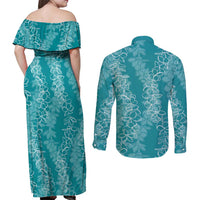 Hawaii Plumeria Lei Couples Matching Off Shoulder Maxi Dress and Long Sleeve Button Shirt Aloha Festive Vibe - Teal