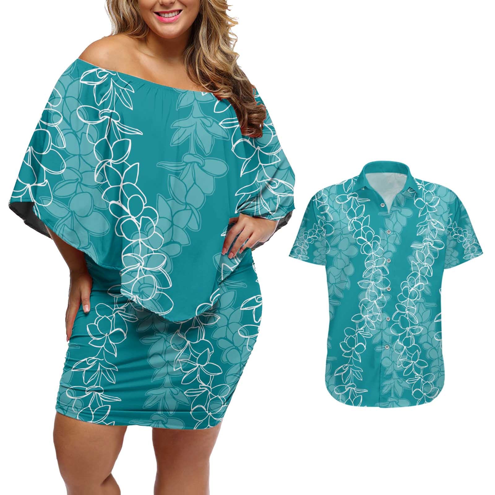 Hawaii Plumeria Lei Couples Matching Off Shoulder Short Dress and Hawaiian Shirt Aloha Festive Vibe - Teal