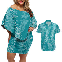 Hawaii Plumeria Lei Couples Matching Off Shoulder Short Dress and Hawaiian Shirt Aloha Festive Vibe - Teal