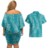 Hawaii Plumeria Lei Couples Matching Off Shoulder Short Dress and Hawaiian Shirt Aloha Festive Vibe - Teal