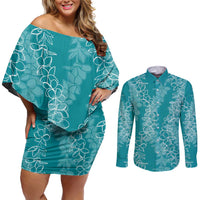 Hawaii Plumeria Lei Couples Matching Off Shoulder Short Dress and Long Sleeve Button Shirt Aloha Festive Vibe - Teal