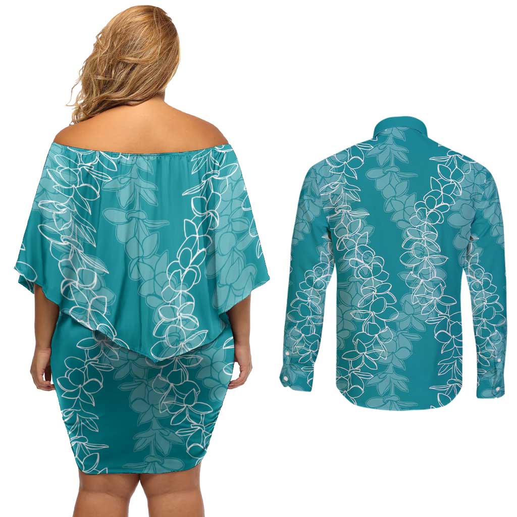 Hawaii Plumeria Lei Couples Matching Off Shoulder Short Dress and Long Sleeve Button Shirt Aloha Festive Vibe - Teal
