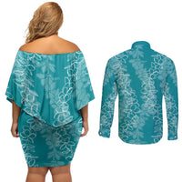 Hawaii Plumeria Lei Couples Matching Off Shoulder Short Dress and Long Sleeve Button Shirt Aloha Festive Vibe - Teal