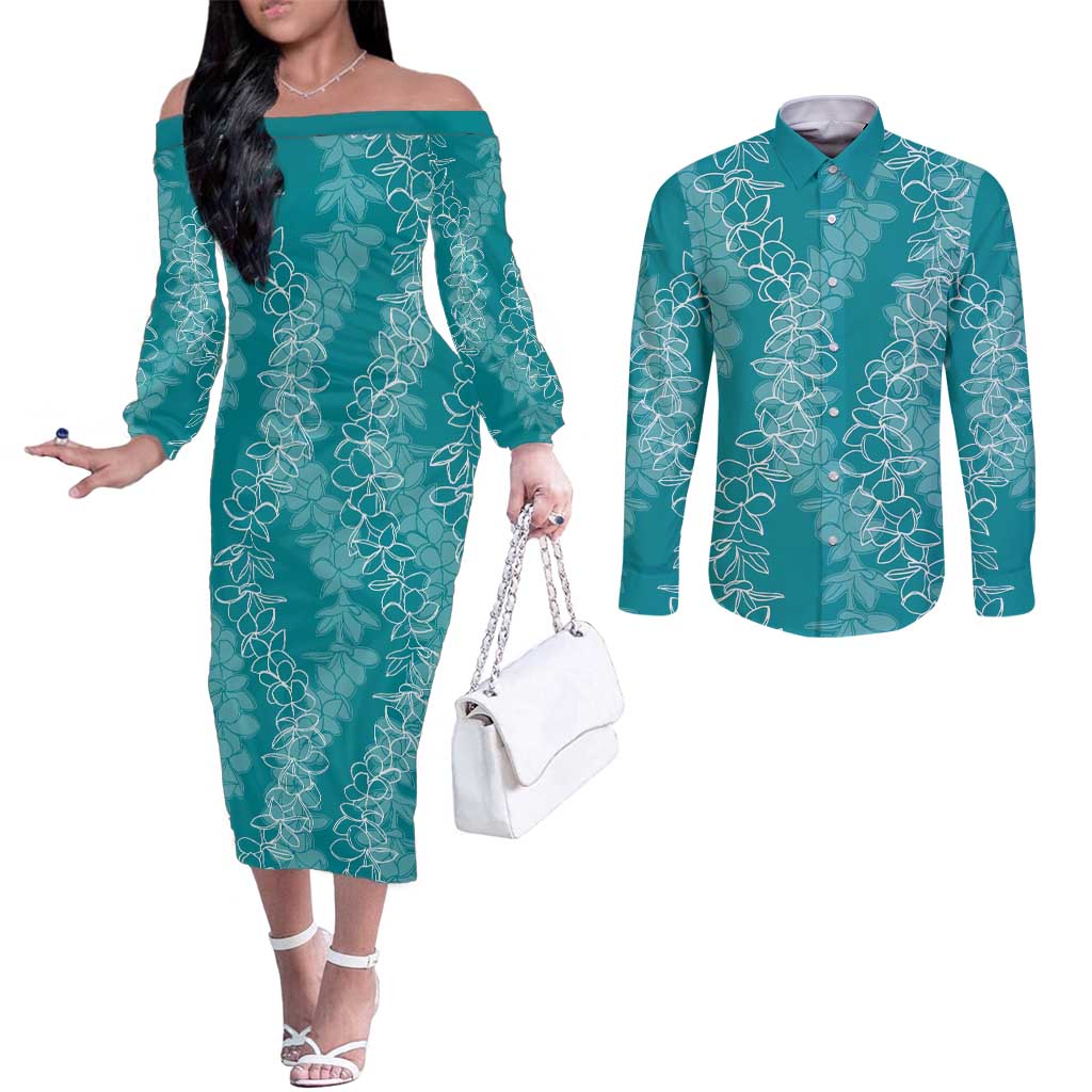 Hawaii Plumeria Lei Couples Matching Off The Shoulder Long Sleeve Dress and Long Sleeve Button Shirt Aloha Festive Vibe - Teal
