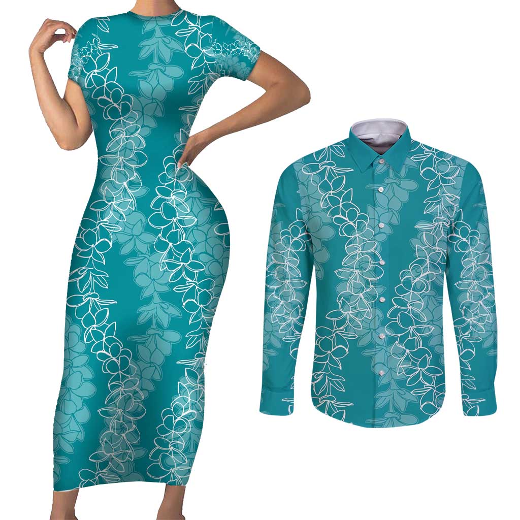 Hawaii Plumeria Lei Couples Matching Short Sleeve Bodycon Dress and Long Sleeve Button Shirt Aloha Festive Vibe - Teal