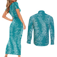 Hawaii Plumeria Lei Couples Matching Short Sleeve Bodycon Dress and Long Sleeve Button Shirt Aloha Festive Vibe - Teal