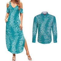 Hawaii Plumeria Lei Couples Matching Summer Maxi Dress and Long Sleeve Button Shirt Aloha Festive Vibe - Teal