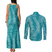 Hawaii Plumeria Lei Couples Matching Tank Maxi Dress and Long Sleeve Button Shirt Aloha Festive Vibe - Teal