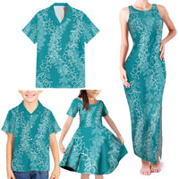 Hawaii Plumeria Lei Family Matching Tank Maxi Dress and Hawaiian Shirt Aloha Festive Vibe - Teal