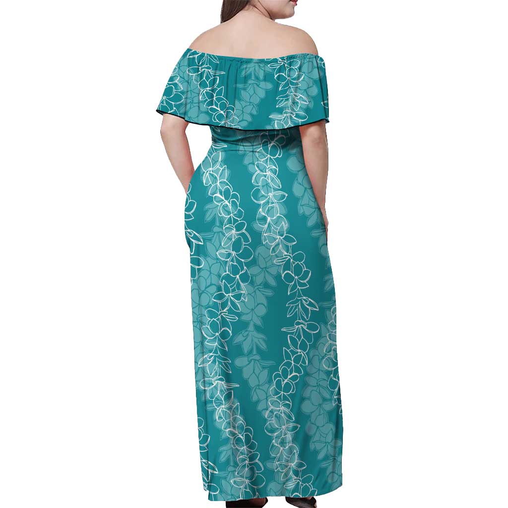 Hawaii Plumeria Lei Off Shoulder Maxi Dress Aloha Festive Vibe - Teal
