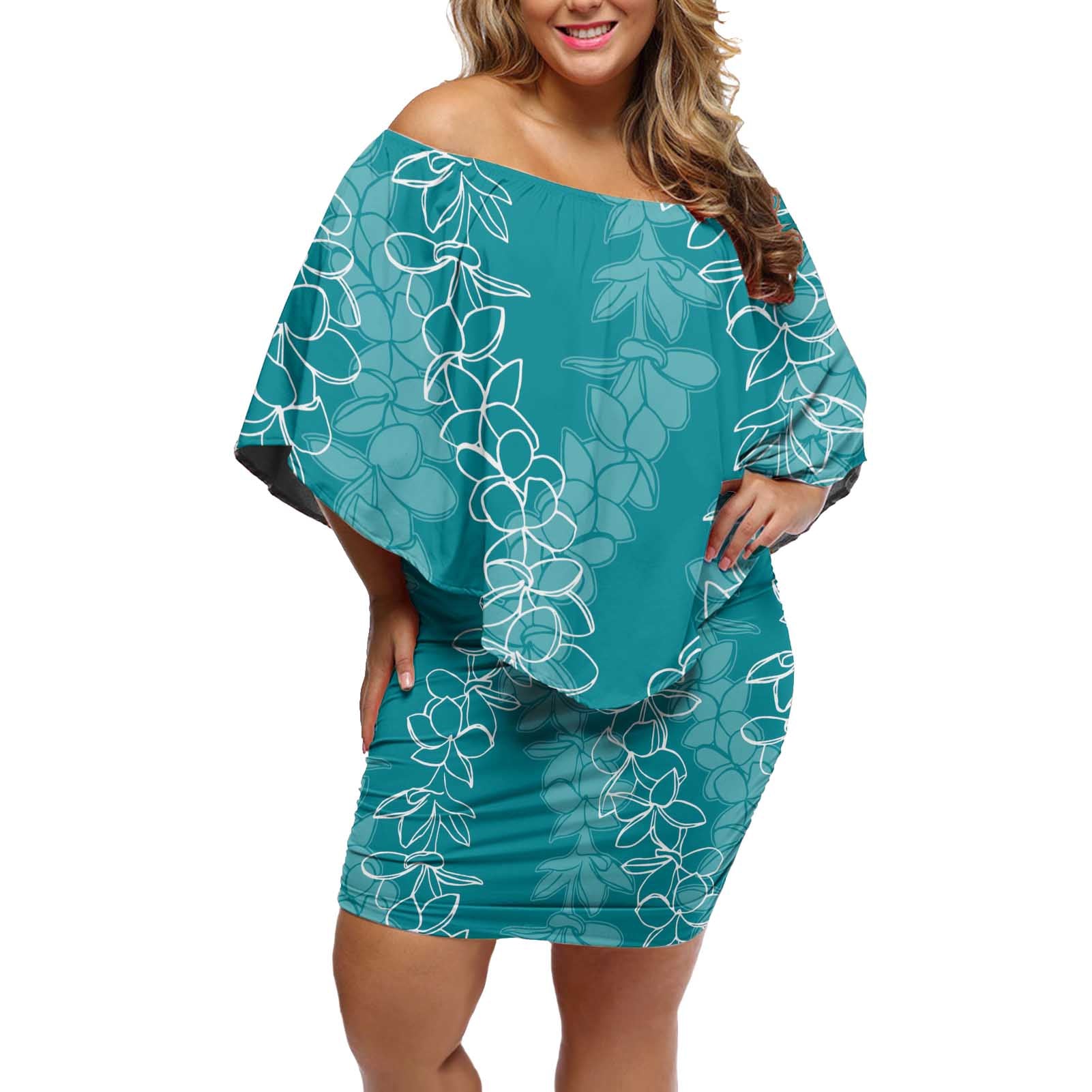 Hawaii Plumeria Lei Off Shoulder Short Dress Aloha Festive Vibe - Teal