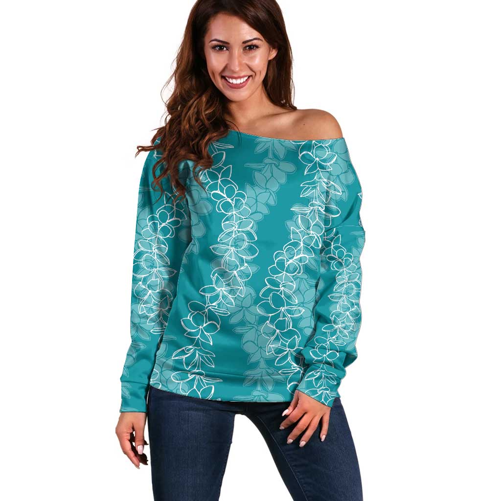 Hawaii Plumeria Lei Off Shoulder Sweater Aloha Festive Vibe - Teal