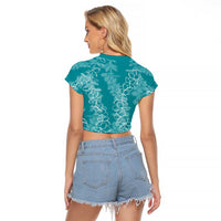 Hawaii Plumeria Lei Raglan Cropped T Shirt Aloha Festive Vibe - Teal