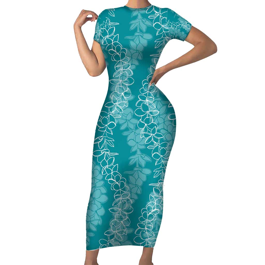 Hawaii Plumeria Lei Short Sleeve Bodycon Dress Aloha Festive Vibe - Teal