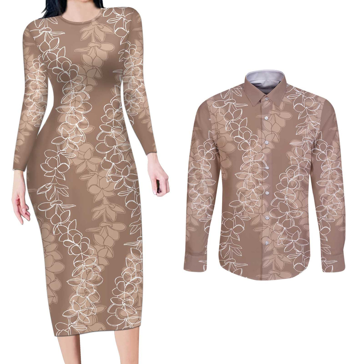 Hawaii Plumeria Lei Couples Matching Long Sleeve Bodycon Dress and Long Sleeve Button Shirt Aloha Festive Vibe - Beige