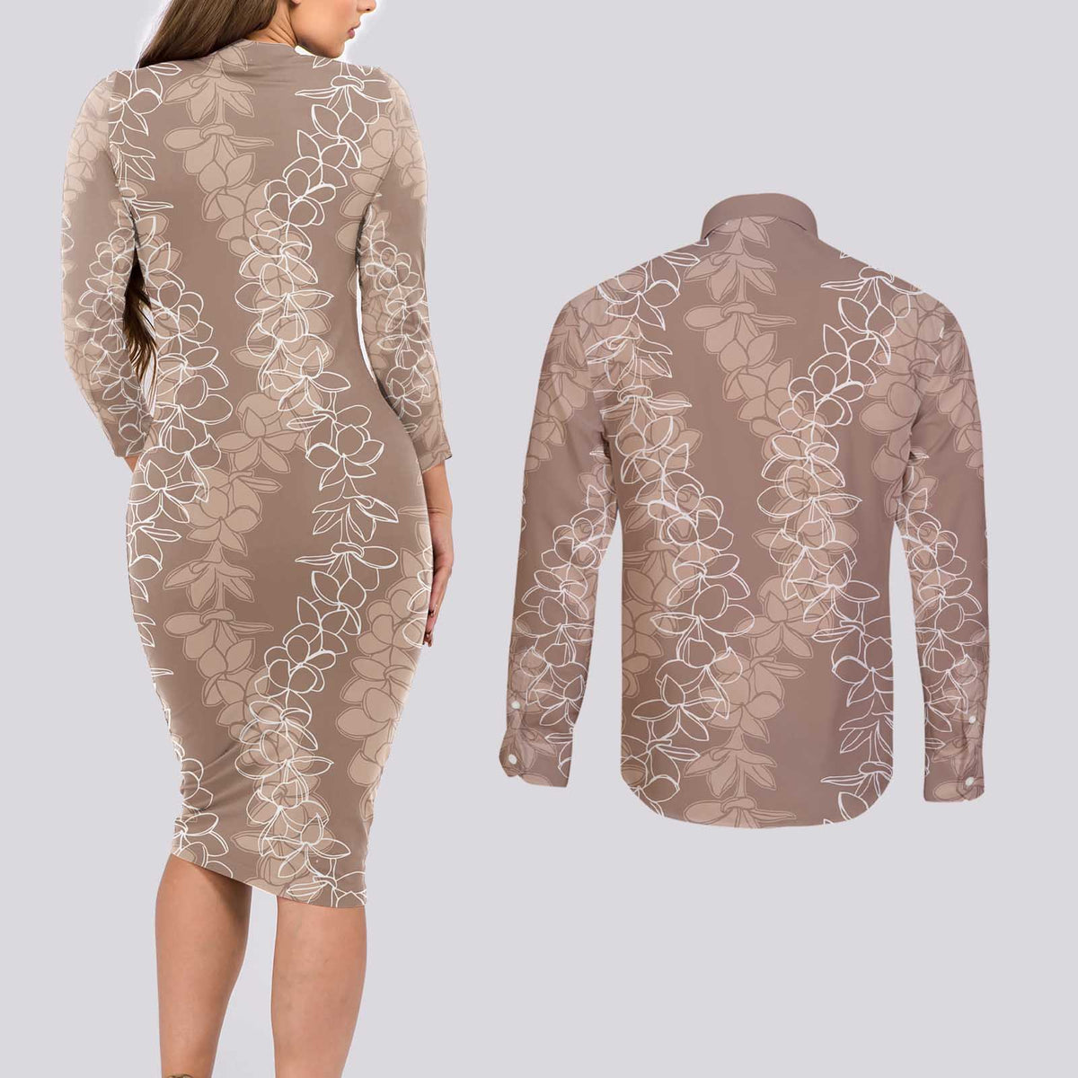 Hawaii Plumeria Lei Couples Matching Long Sleeve Bodycon Dress and Long Sleeve Button Shirt Aloha Festive Vibe - Beige