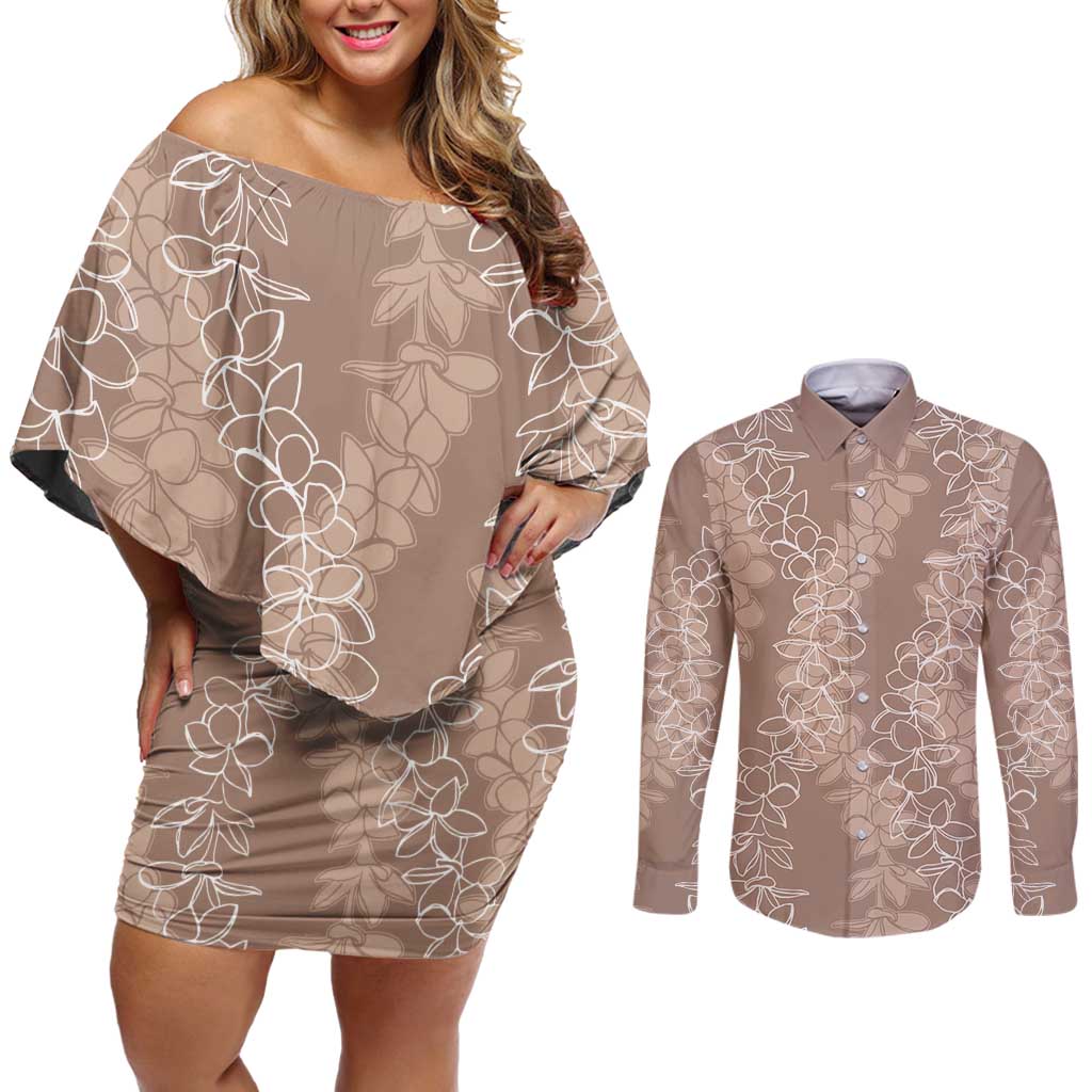Hawaii Plumeria Lei Couples Matching Off Shoulder Short Dress and Long Sleeve Button Shirt Aloha Festive Vibe - Beige