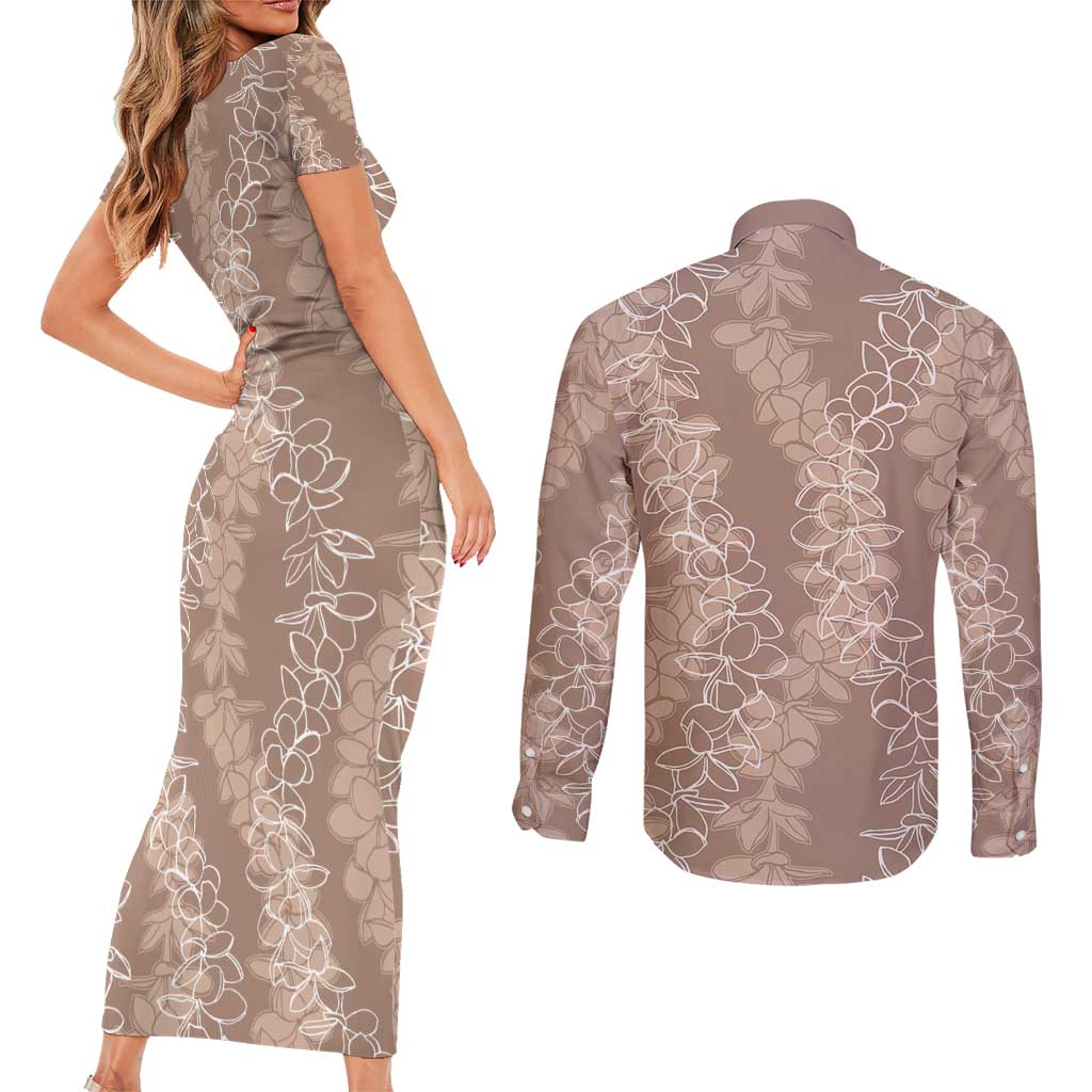 Hawaii Plumeria Lei Couples Matching Short Sleeve Bodycon Dress and Long Sleeve Button Shirt Aloha Festive Vibe - Beige