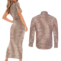 Hawaii Plumeria Lei Couples Matching Short Sleeve Bodycon Dress and Long Sleeve Button Shirt Aloha Festive Vibe - Beige