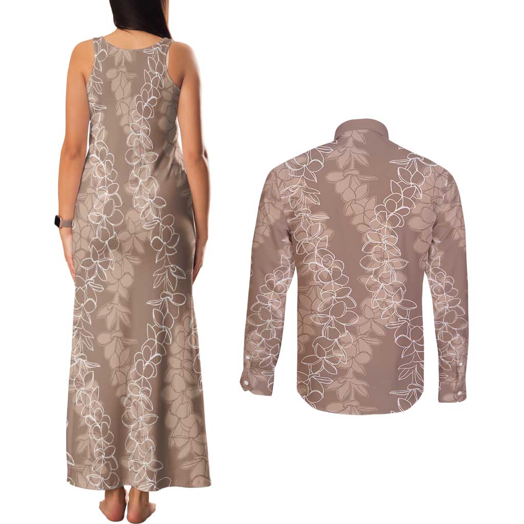 Hawaii Plumeria Lei Couples Matching Tank Maxi Dress and Long Sleeve Button Shirt Aloha Festive Vibe - Beige