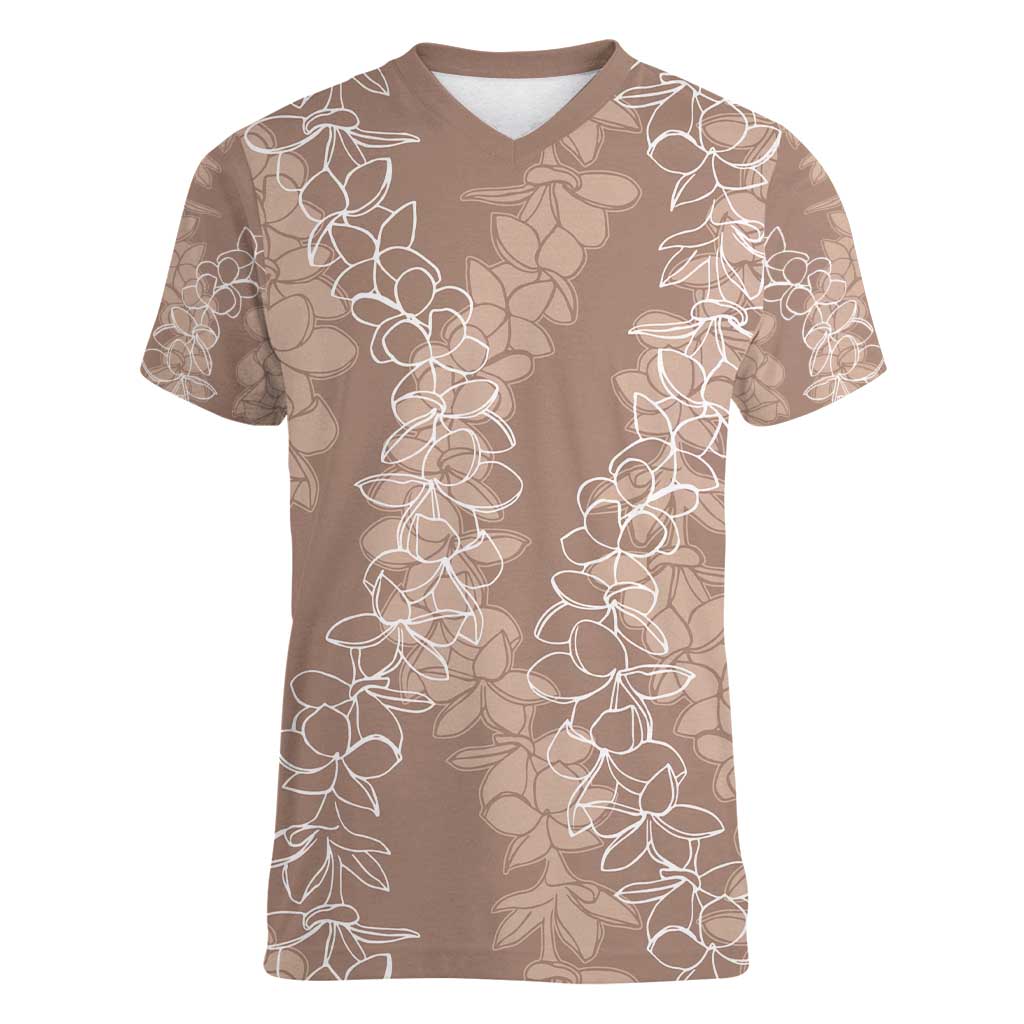 Hawaii Plumeria Lei Women V-Neck T-Shirt Aloha Festive Vibe - Beige LT7 Female Beige - Polynesian Pride