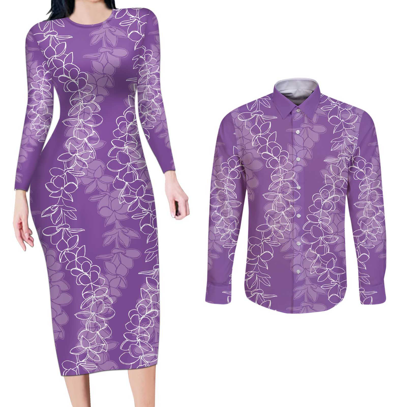 Hawaii Plumeria Lei Couples Matching Long Sleeve Bodycon Dress and Long Sleeve Button Shirt Aloha Festive Vibe - Violet