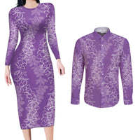 Hawaii Plumeria Lei Couples Matching Long Sleeve Bodycon Dress and Long Sleeve Button Shirt Aloha Festive Vibe - Violet