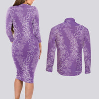 Hawaii Plumeria Lei Couples Matching Long Sleeve Bodycon Dress and Long Sleeve Button Shirt Aloha Festive Vibe - Violet