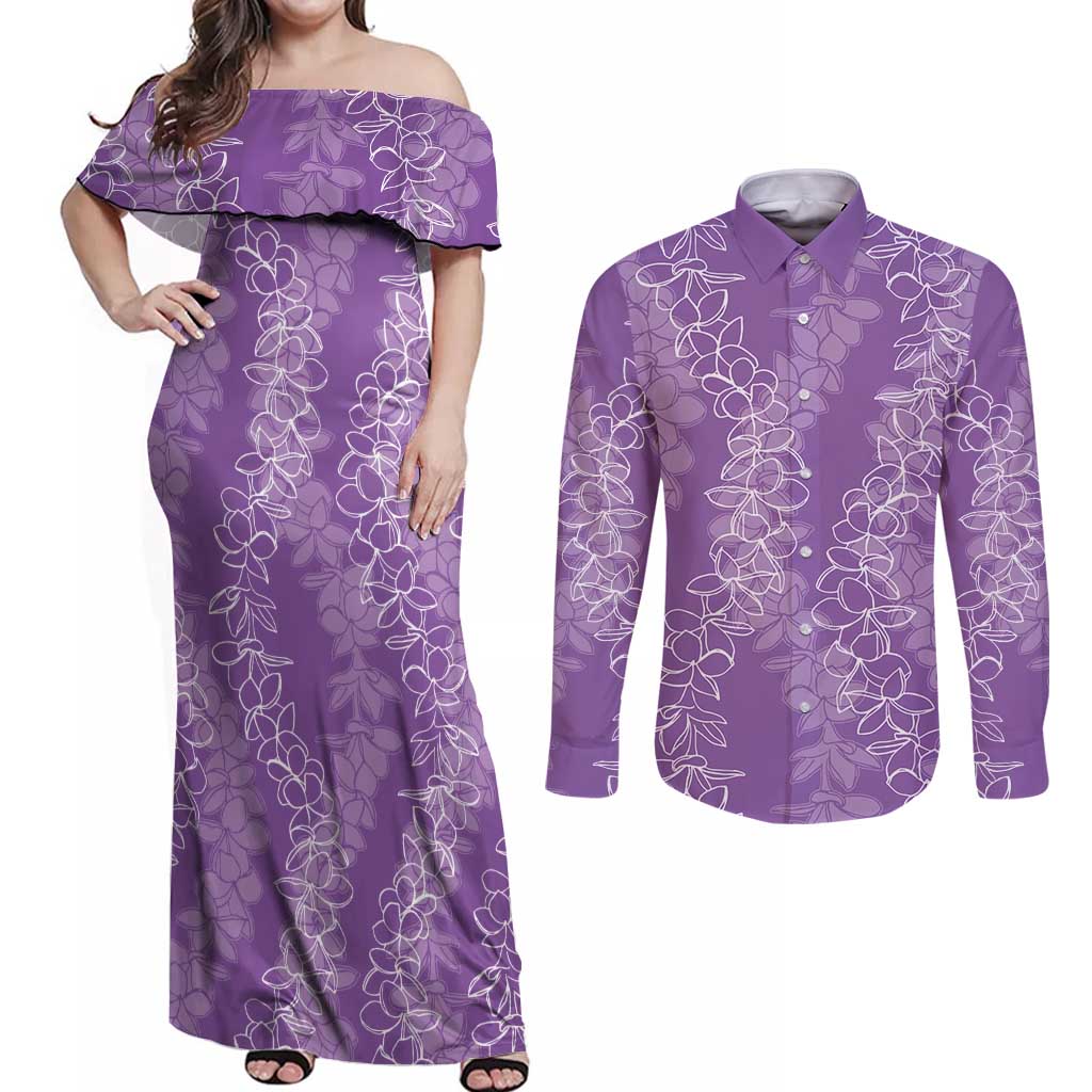 Hawaii Plumeria Lei Couples Matching Off Shoulder Maxi Dress and Long Sleeve Button Shirt Aloha Festive Vibe - Violet