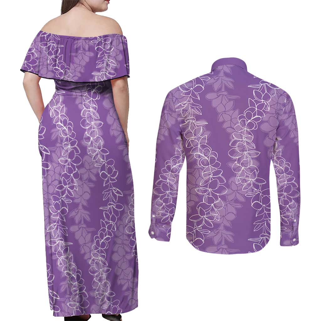 Hawaii Plumeria Lei Couples Matching Off Shoulder Maxi Dress and Long Sleeve Button Shirt Aloha Festive Vibe - Violet